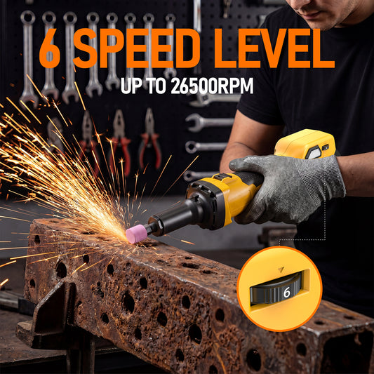 Cordless Die Grinder Compatible with Dewalt 20V Battery(No Battery) Brushless Die Grinder Up to 26500RPM, 1/4" Precision Collet, 6 Speed Power Grinder for Metal Wood Plastic Grind