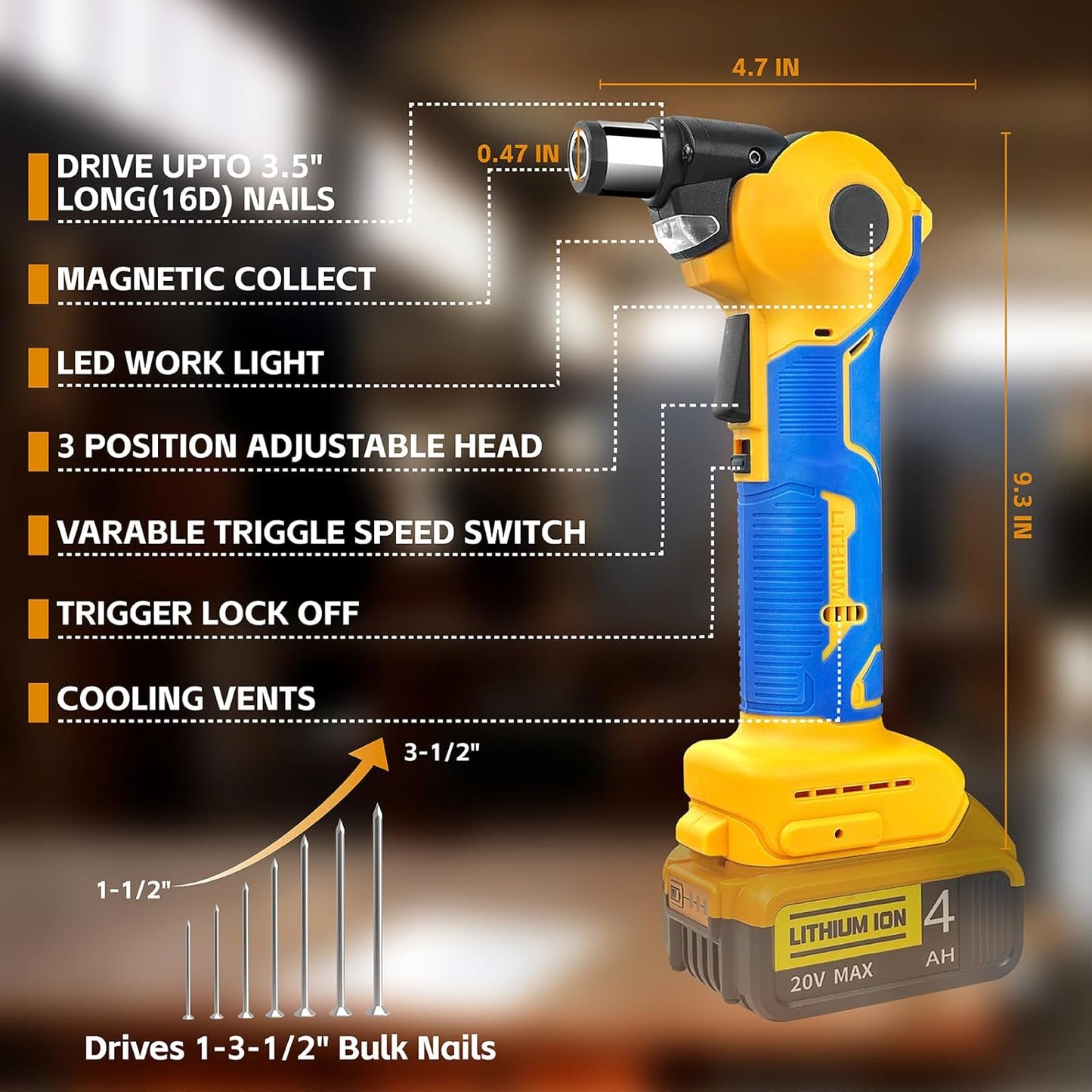 Palm Nailer Compatible with Dewalt 20V MAX Battery(NO Battery) Auto Hammer with Magnetic Collet Brushless 14000 RPM.0-90°Adjustable.Power Framing Nailer for Joist Hangers.Tight Spaces