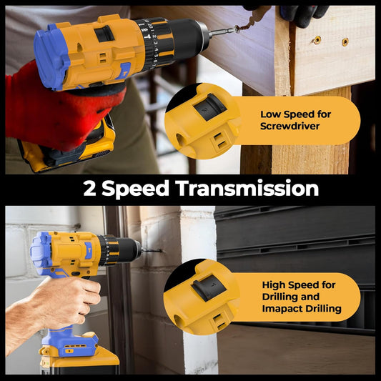 Cordless Hammer Drill Compatible with Dewalt 20V Max Battery(No Battery) Electric Drill with Brushless Motor. 1/2 Keyless Metal Chuck.4pcs Bit for Drilling Brick Wall. Metal. Wood. Screws