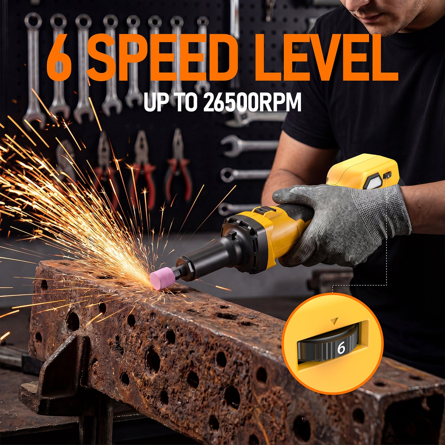 Cordless Die Grinder Compatible with Dewalt 20V Battery(No Battery) Brushless Die Grinder Up to 26500RPM, 1/4" Precision Collet, 6 Speed Power Grinder for Metal Wood Plastic Grind