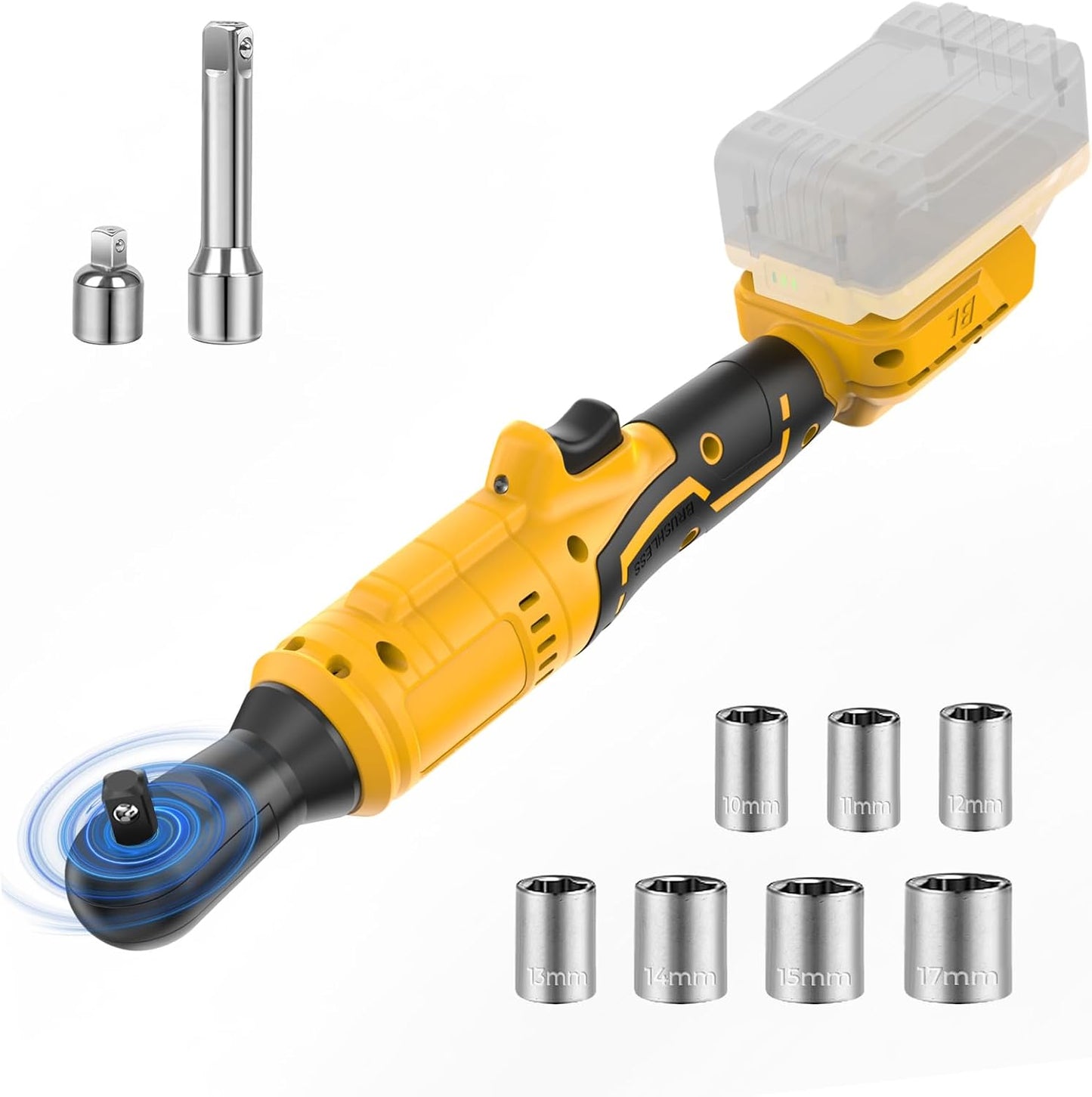 3/8 Cordless Ratchet Wrench Compatible With Dewalt 20V MAX Battery(No Battery) 74Ft-Lbs Brushless Ratchet Wrench with 7CS Sockets.1/4 Adapter.3 Extension Bar