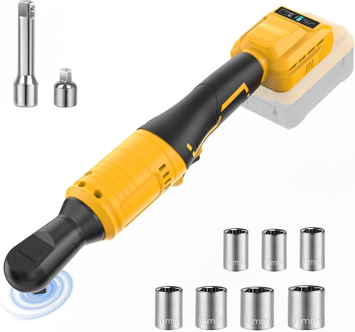 3/8 Cordless Ratchet Wrench Compatible With Dewalt 20V MAX Battery(No Battery) 74Ft-Lbs Brushless Ratchet Wrench with 7CS Sockets.1/4 Adapter.3 Extension Bar