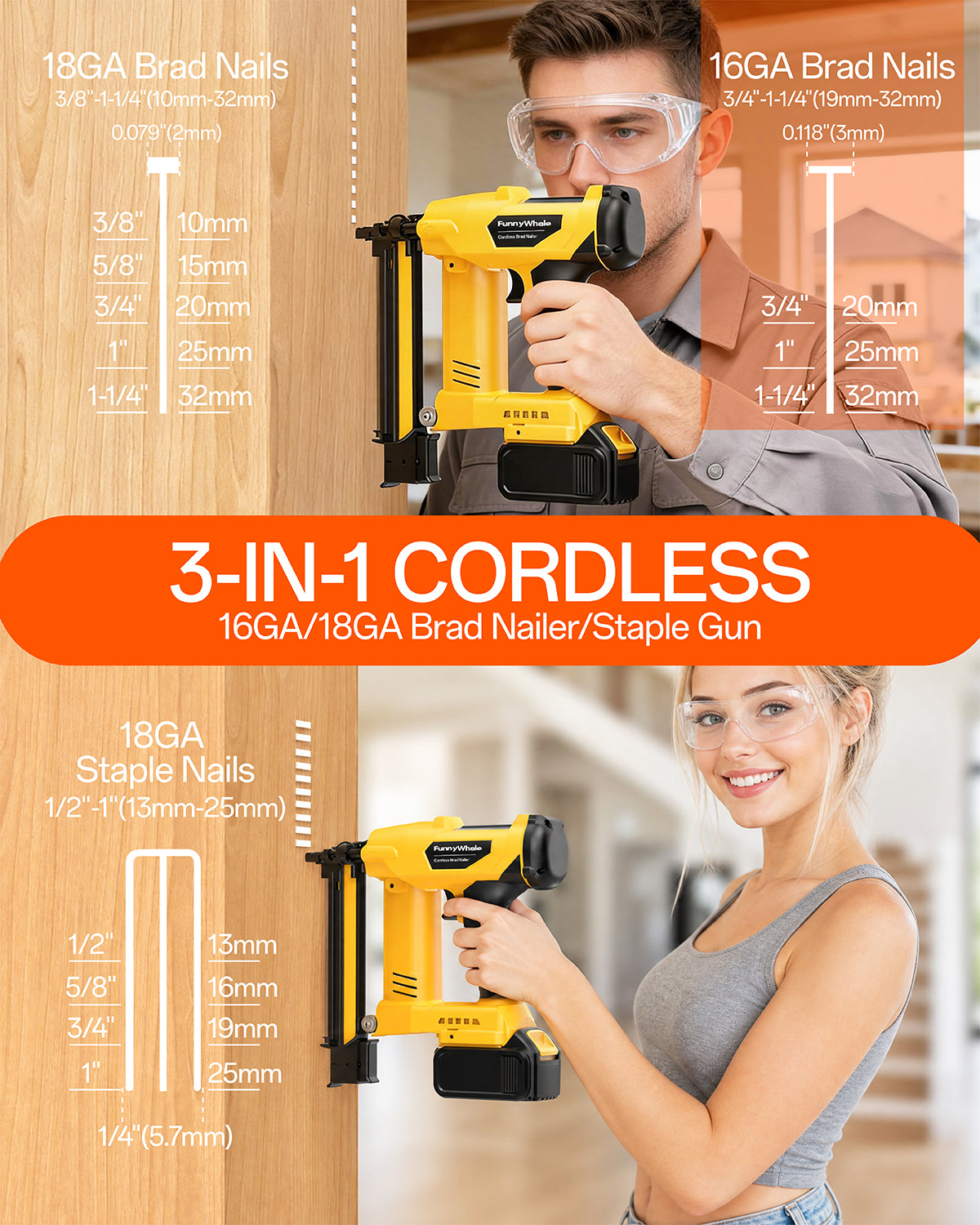 3-in-1 Cordless Brad Nailer Compatible with Dewalt 20V Battery(No Battery) 16GA & 18 GA Finish Nailer, Brad Nailer, and Narrow Crown Staple Gun with Adjustable Depth,Tool-Free Jam Release