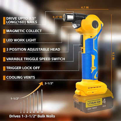 Palm Nailer Compatible with Dewalt 20V MAX Battery(NO Battery) Auto Hammer with Magnetic Collet Brushless 14000 RPM.0-90°Adjustable.Power Framing Nailer for Joist Hangers.Tight Spaces