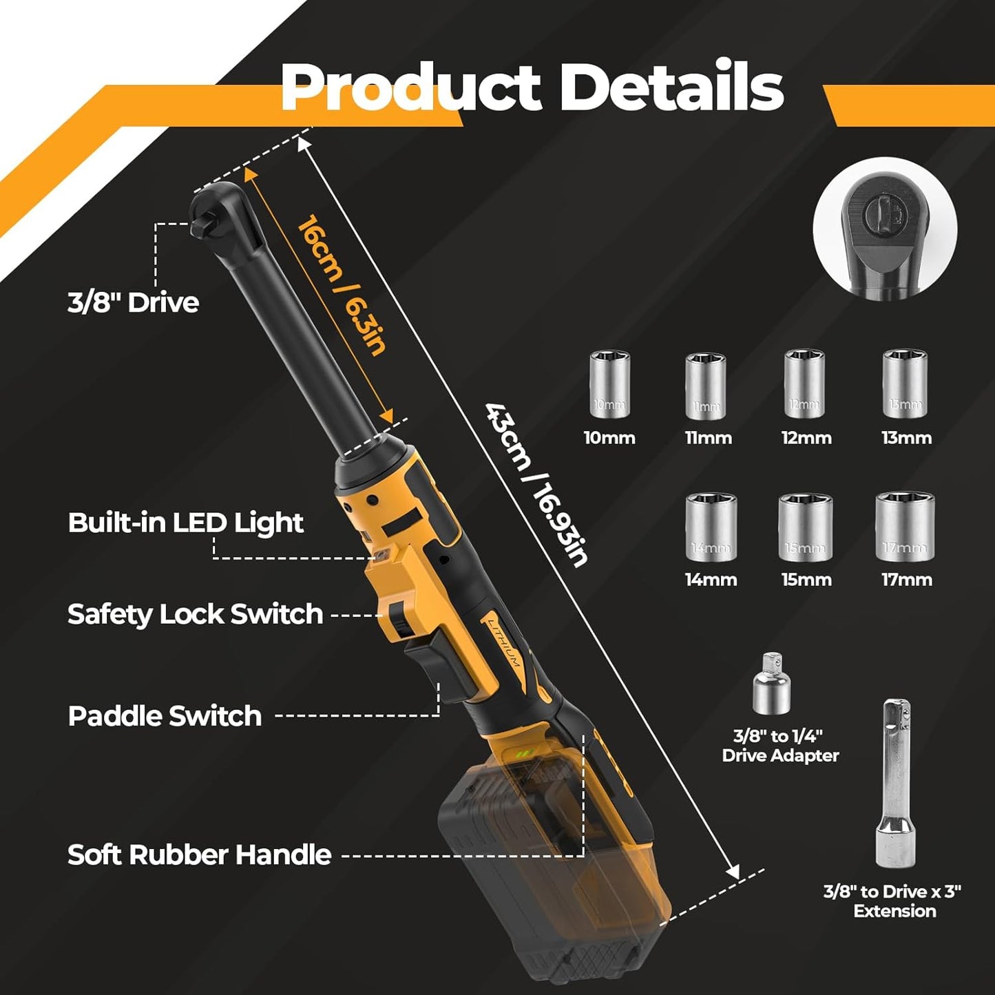 3/8 Extended Cordless Ratchet Wrench Compatible with Dewalt 20V MAX Batteries(No Battery) 60Ft-Lbs Electric Power Ratchet Wrench.Built-in LED Light. Extended 6-inch Long Neck