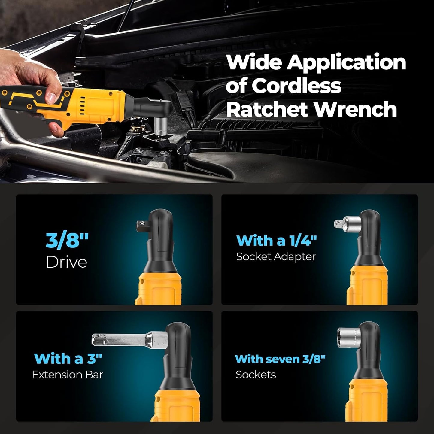 3/8 Cordless Ratchet Wrench Compatible With Dewalt 20V MAX Battery(No Battery) 74Ft-Lbs Brushless Ratchet Wrench with 7CS Sockets.1/4 Adapter.3 Extension Bar