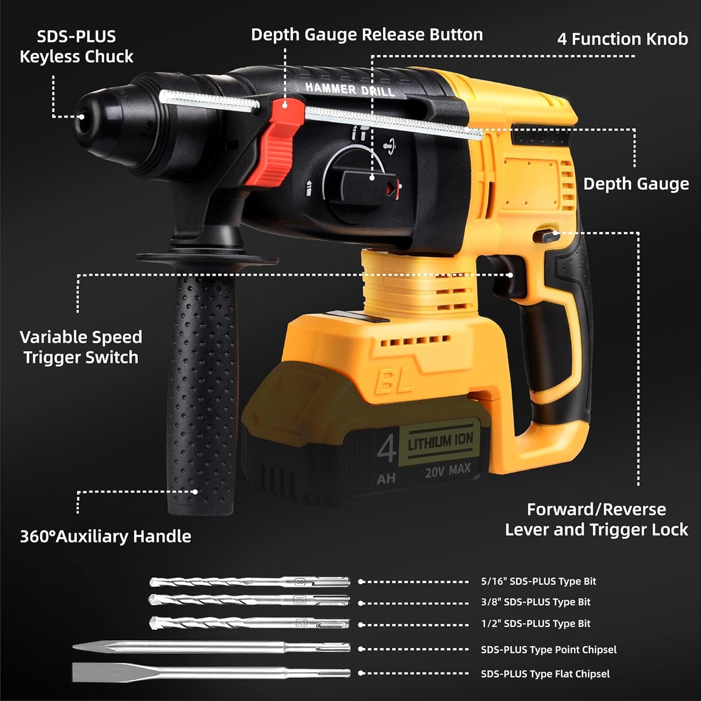 SDS-Plus Cordless Rotary Hammer Drill Compatible with Dewalt 20V Battery(NO Battery) Brushless Motor. Safety Clutch. 4 Functions with 5 Drills and Carrying Case for Concrete/Masonry/Wood/Metal