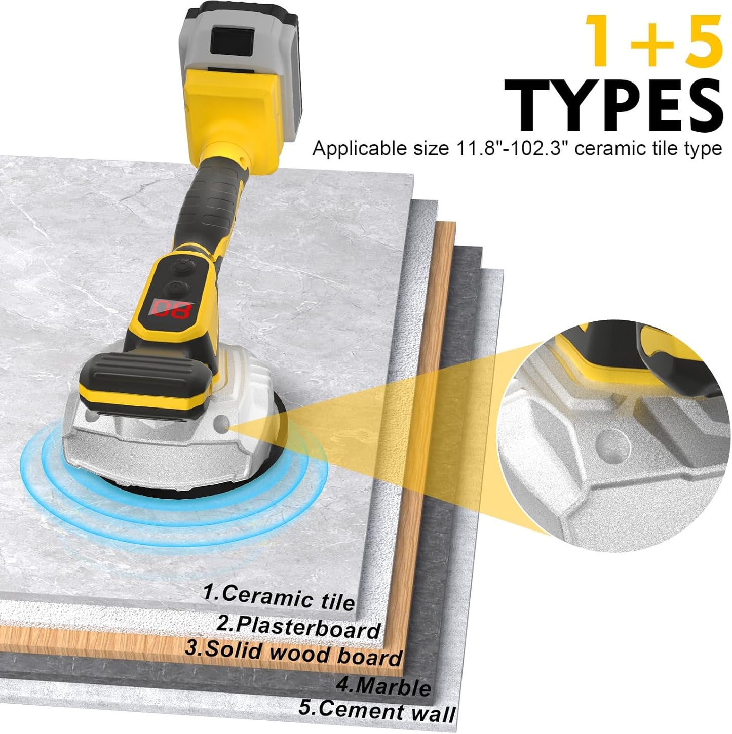 Tile Vibration Tool Compatible with Dewalt 20V Max Battery(No Battery) Tile Vibration Leveling Machine with 8 Level.Digital Display.Suction Cup & & Lock Design for Floor/Tile/Wall