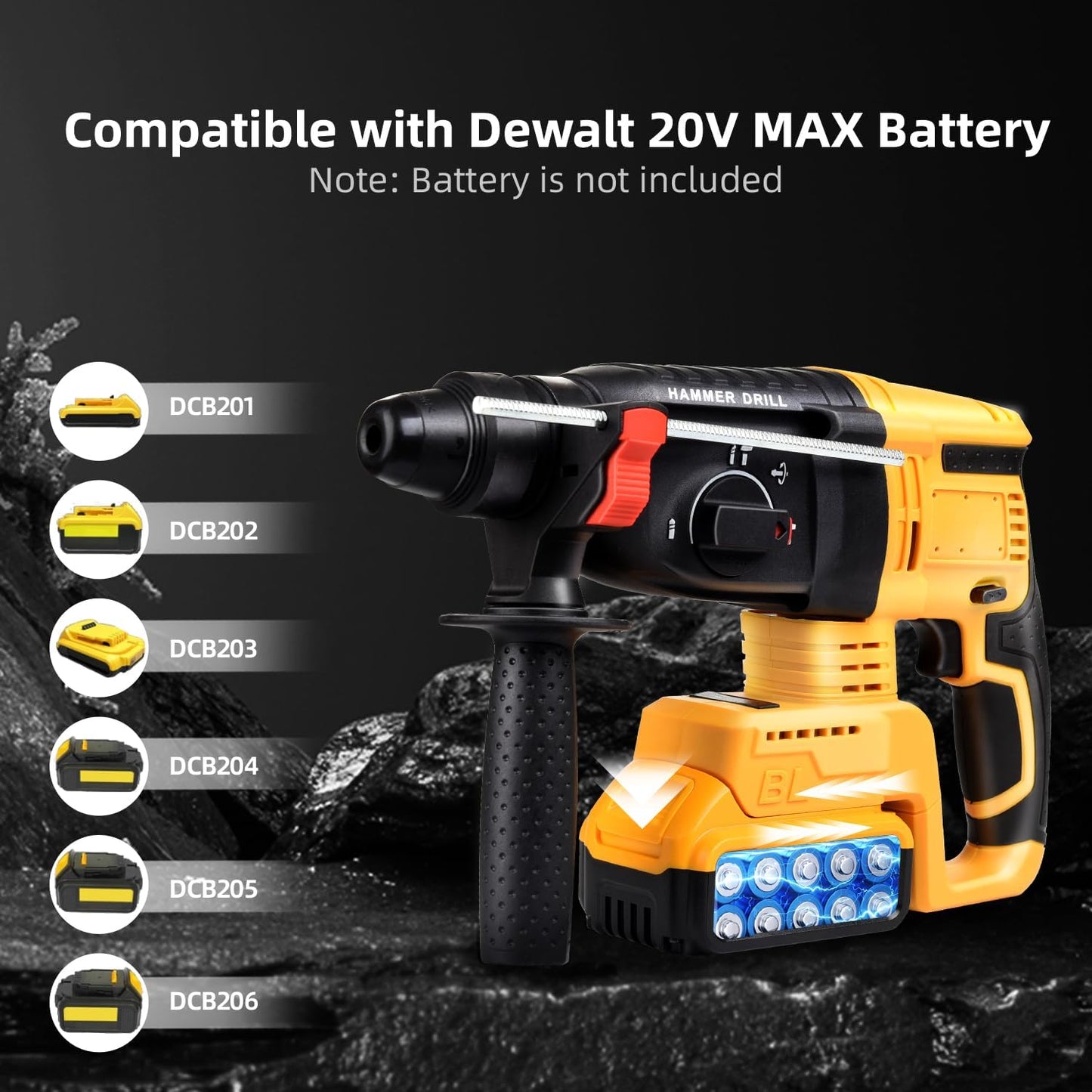 SDS-Plus Cordless Rotary Hammer Drill Compatible with Dewalt 20V Battery(NO Battery) Brushless Motor. Safety Clutch. 4 Functions with 5 Drills and Carrying Case for Concrete/Masonry/Wood/Metal
