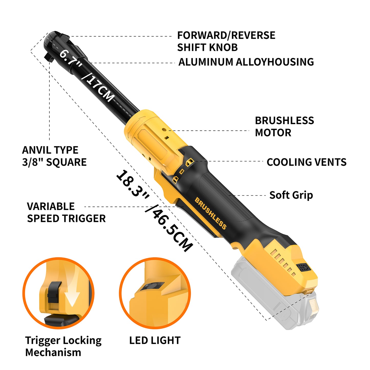 3/8" Cordless Ratchet Wrench Compatible with Dewalt 20V MAX Batteries(No Battery) 80FT-LBS Electric Ratchet Wrench,6.7-inch Extended Ratchet Wrench with 5 Speed, Sockets Set, Adapters and Tool Bag