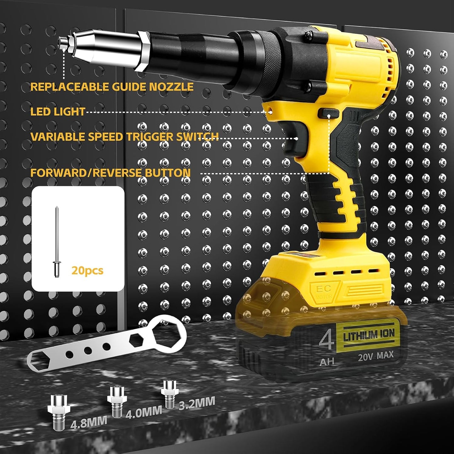 Rivet Gun Compatible with Dewalt 20V Max Battery(No Battery) Cordless Rivet Gun. Brushless Pop Rivet Gun Tool for Aluminum Nails 1/8. 5/32. 3/16(Not for Stainless Nails)