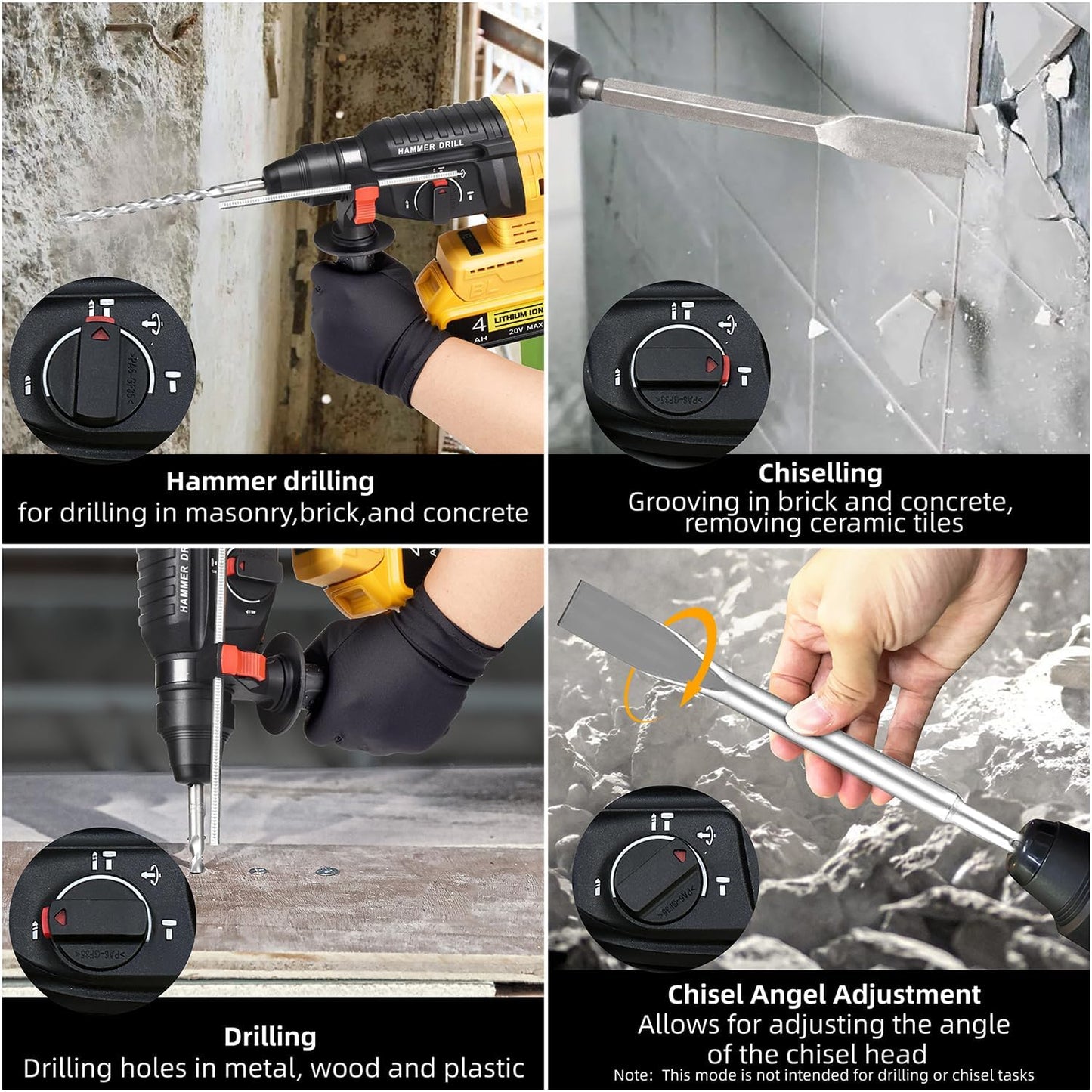 SDS-Plus Cordless Rotary Hammer Drill Compatible with Dewalt 20V Battery(NO Battery) Brushless Motor. Safety Clutch. 4 Functions with 5 Drills and Carrying Case for Concrete/Masonry/Wood/Metal