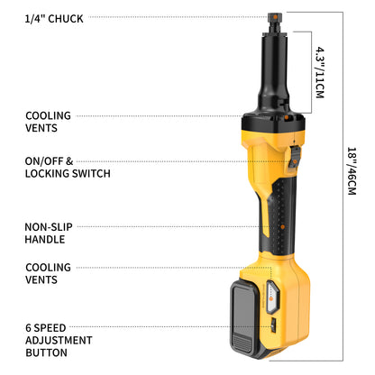 Cordless Die Grinder Compatible with Dewalt 20V Battery(No Battery) Brushless Die Grinder Up to 26500RPM, 1/4" Precision Collet, 6 Speed Power Grinder for Metal Wood Plastic Grind